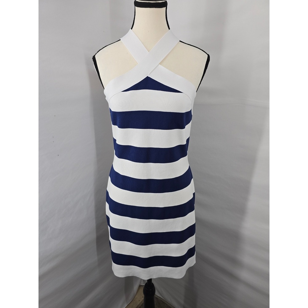 Happily Grey Blue White Striped Halter Cross Back Knit Mini Dress Large
